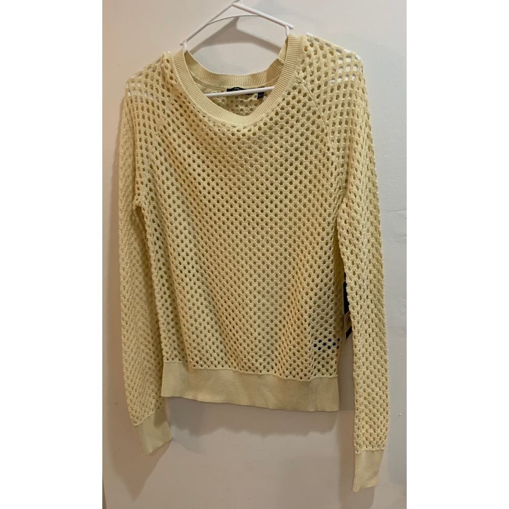 NWT Peach Light Yellow Mesh Knit Cotton Cashmere Blend Sweater Breathable Size S